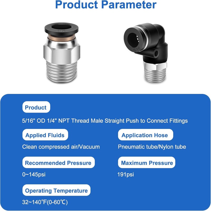 cnaodun 12 Pcs Push to Connect Fittings 5/16 Inch Tube OD x 1/4 Inch NPT Thread Pneumatic Male Straight and Elbow Quick Connect Air line fittings - Image 2